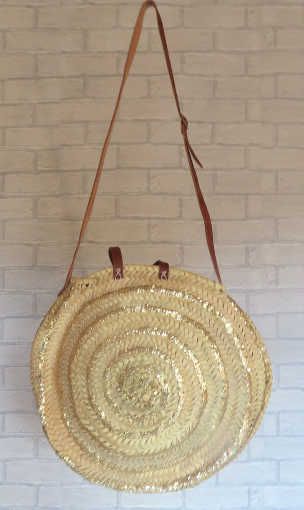 Moroccan Handmade Round Basket With Gold sequins
