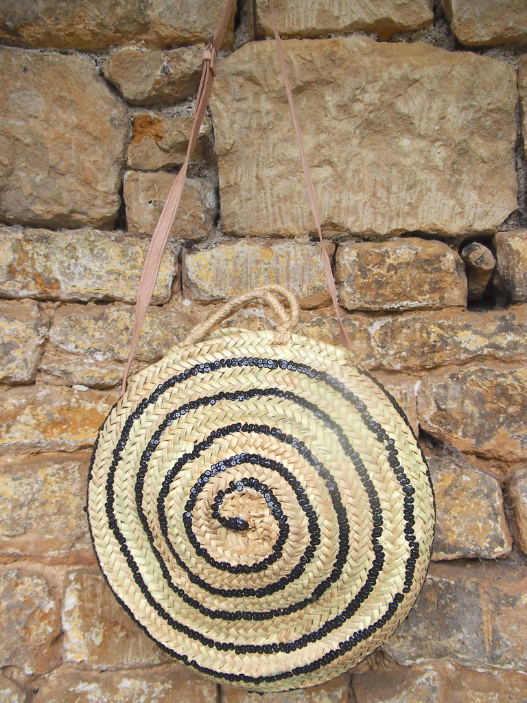 Moroccan Handmade Round Basket With Black sequins