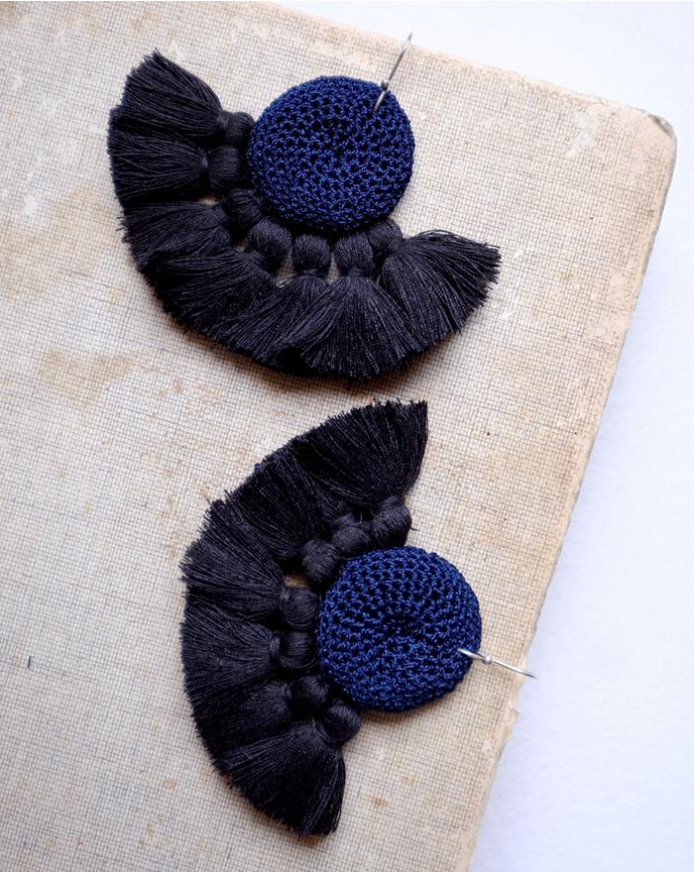 Crochet Disc Tassel Earring-Midnight Blue and Black
