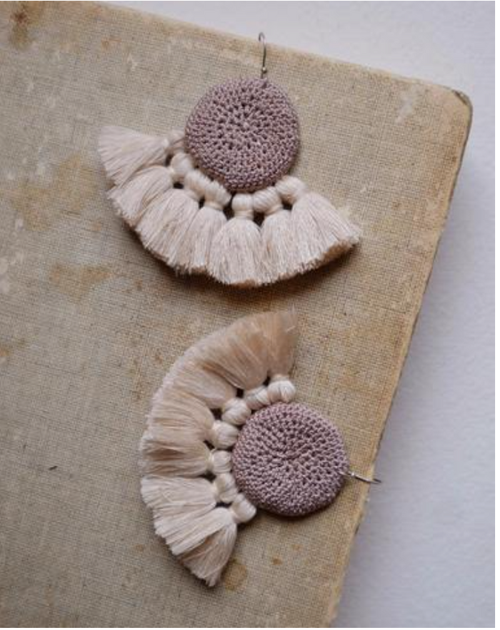 Crochet Disc Tassel Earring-Mink and Beige