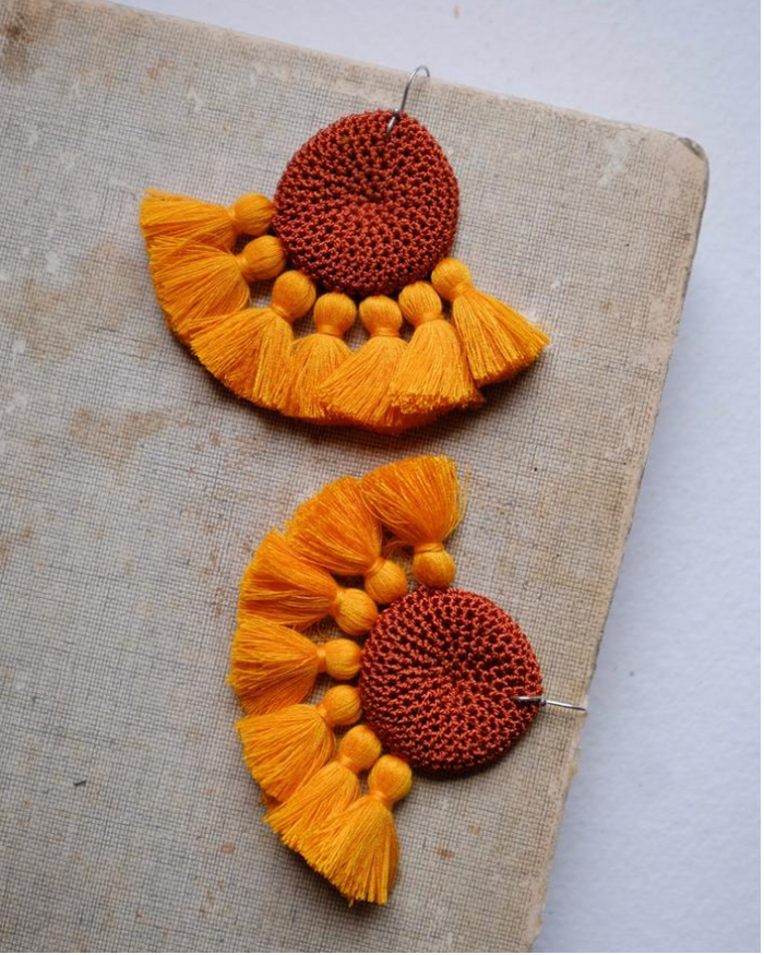 Crochet Disc Tassel Earring-Rust and Yolk