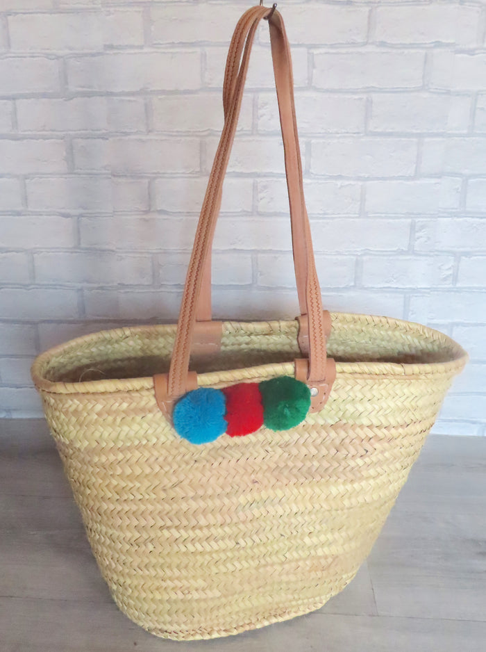 Moroccan Handmade Beach Straw Tote Basket With Pom Poms
