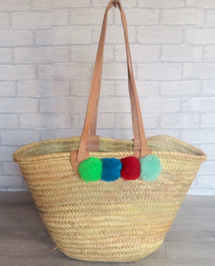 Moroccan Handmade Beach Straw Tote Basket With Pom Poms
