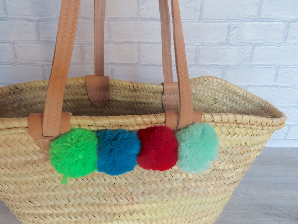 Moroccan Handmade Beach Straw Tote Basket With Pom Poms