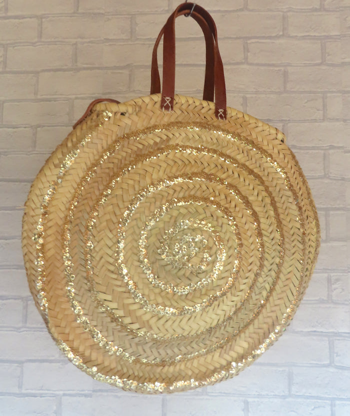 Moroccan Handmade Round Basket With Gold sequins