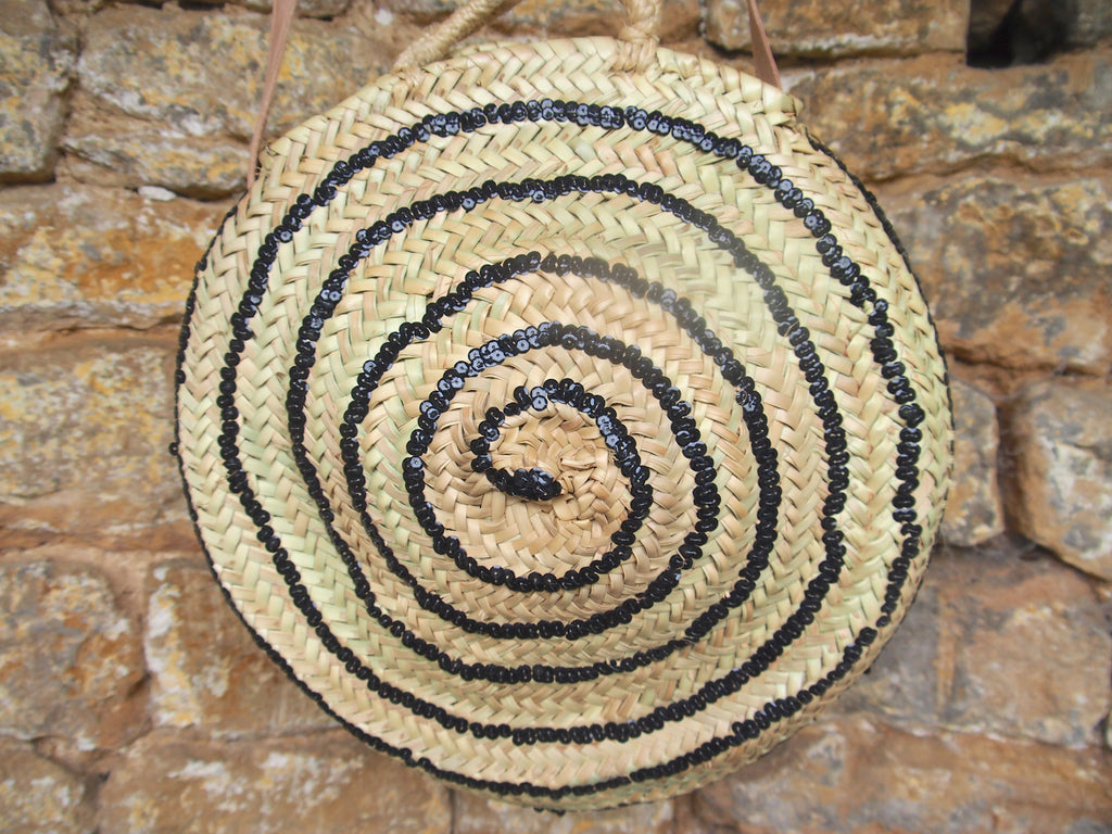 Moroccan Handmade Round Basket With Black sequins