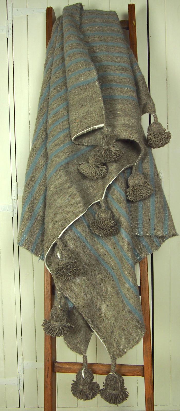 Wool Pom Pom Blanket-Blue/Grey