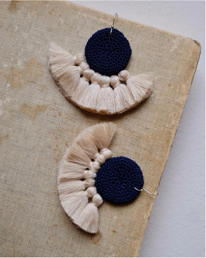 Crochet Disc Tassel Earring-Midnight Blue and Beige