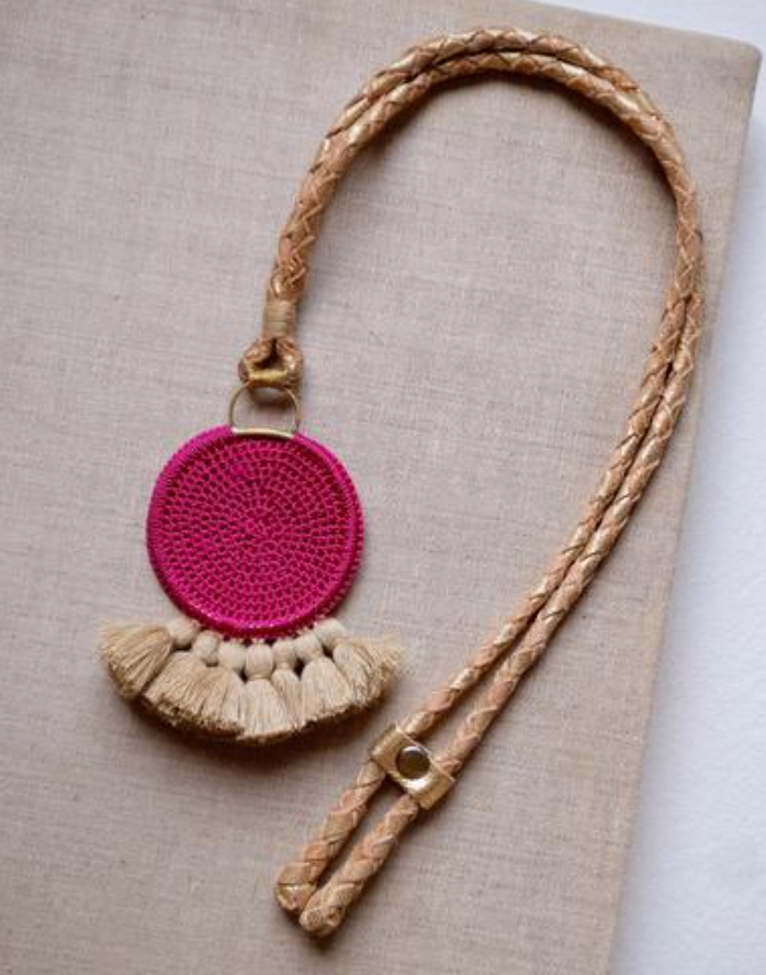 Crochet Disc Tassel Necklace - Fuchsia and Straw