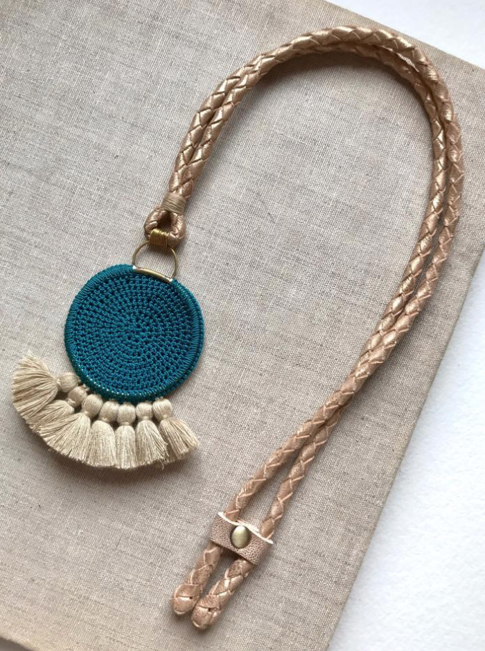 Crochet Disc Tassel Necklace - Turquoise and Straw