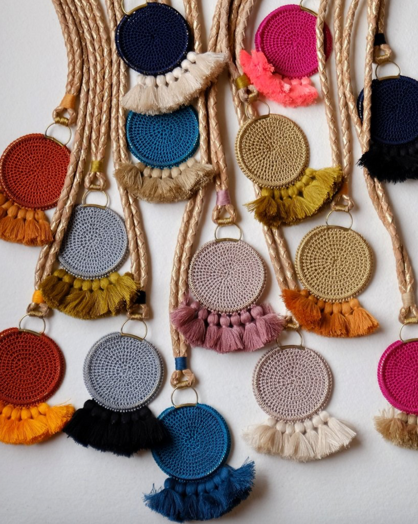 Crochet Disc Tassel Necklace - Rust and Turmeric