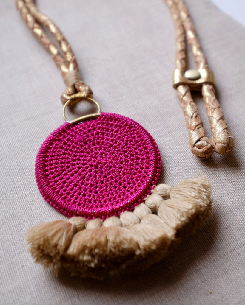 Crochet Disc Tassel Necklace - Fuchsia and Straw