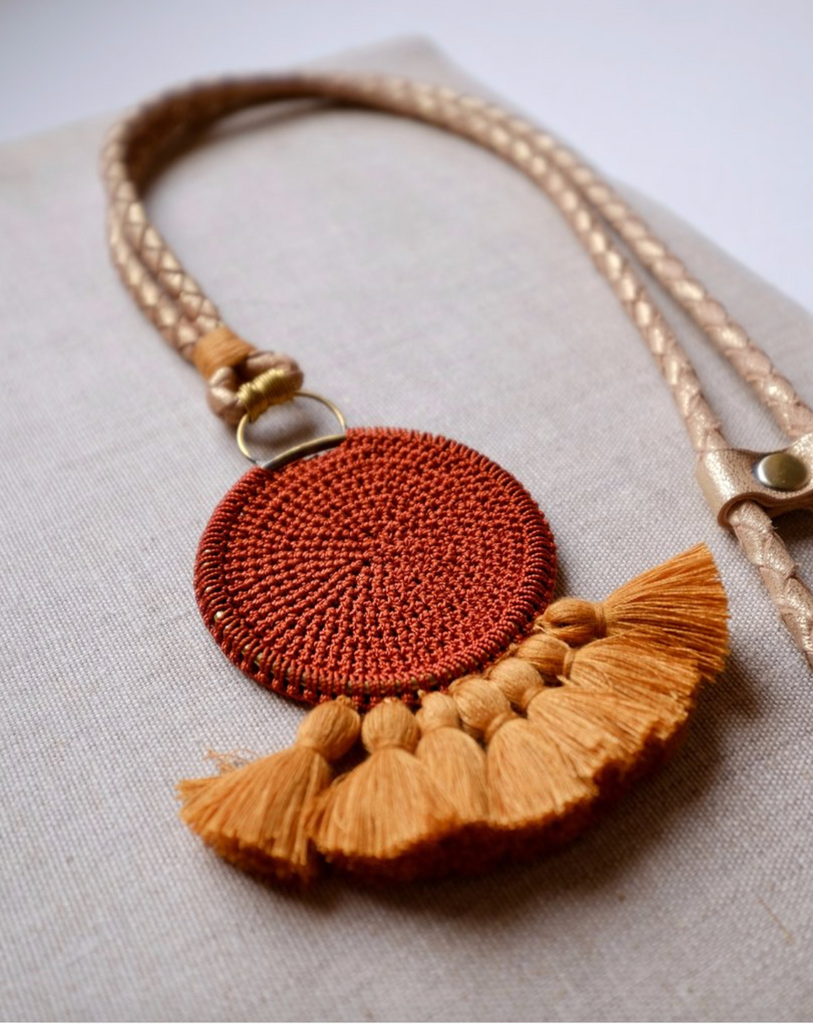 Crochet Disc Tassel Necklace - Rust and Turmeric